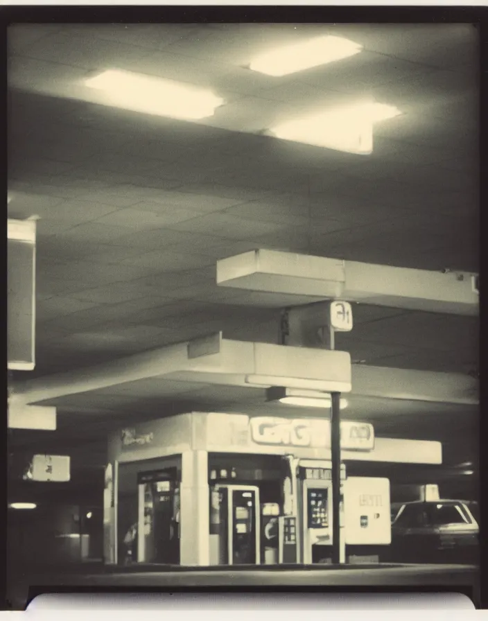 Prompt: creepy crown in a gas station at night, polaroid, 8 0 s, found footage, disposable film, 3 5 mm, analog
