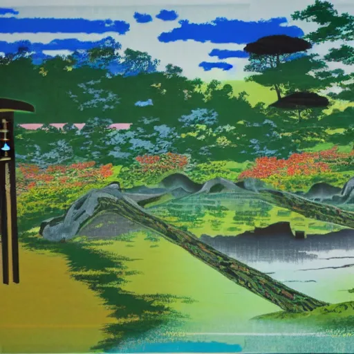 Prompt: an artwork of a landscape of japanese park