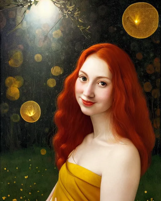Image similar to a happy, modern looking young woman looking over shoulder, among the lights of golden fireflies and nature, long loose red hair, intricate details, green eyes, small nose with freckles, triangle shape face, smiling, golden ratio, high contrast, hyper realistic digital art by artemisia lomi gentileschi and caravaggio and artgerm.