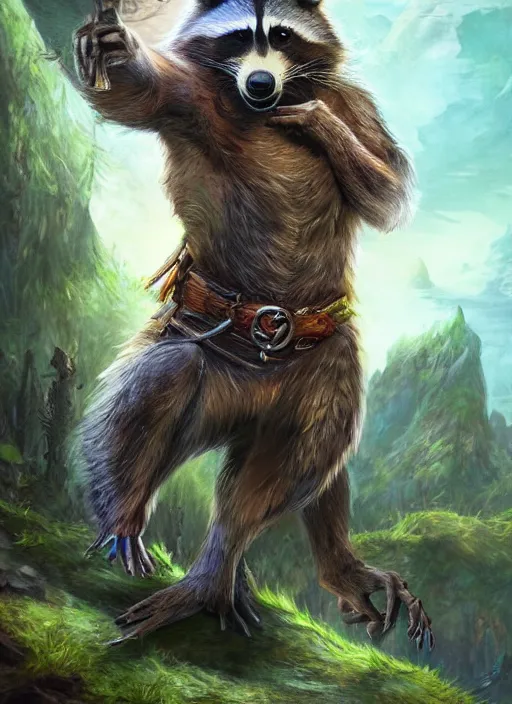 Image similar to human racoon animorphic, ultra detailed fantasy, dndbeyond, bright, colourful, realistic, dnd character portrait, full body, pathfinder, pinterest, art by ralph horsley, dnd, rpg, lotr game design fanart by concept art, behance hd, artstation, deviantart, hdr render in unreal engine 5