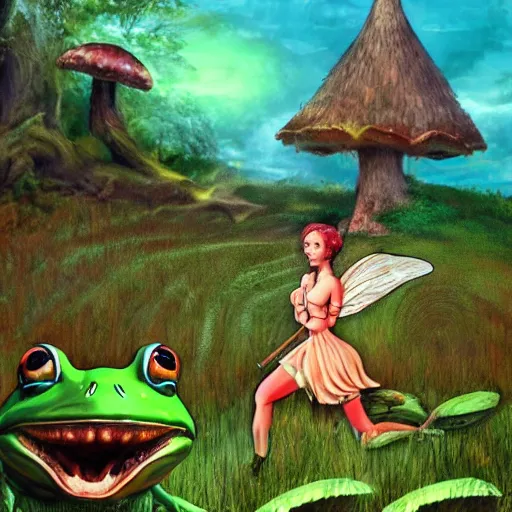 Prompt: Scary godlike fairy killing a frog , detailed mushroom village in the background , Taras Shevchenko style, post-processing, fantasy , masterpiece , junji ito, painting , vibrant colors