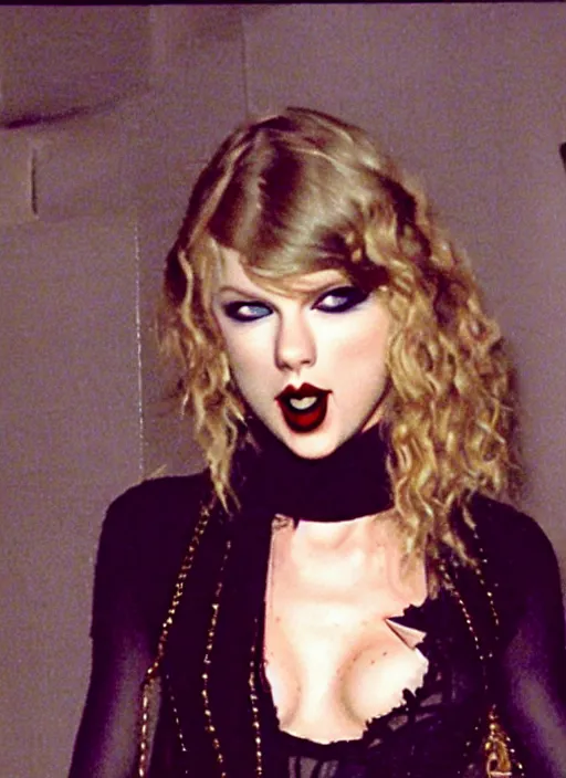 Prompt: candid photo of taylor swift as a gothic vampire in the 1990s