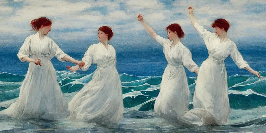 Image similar to two young edwardian women wearing white dresses hold hands on a beach in Sweden, in the style of Anders Zorn, waves in the style of the great wave off kanagawa