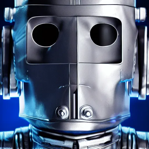 Image similar to close up realistic cyberman with half of his mask broken off showing david tennant, digital art cinematic lighting, render, fantasy