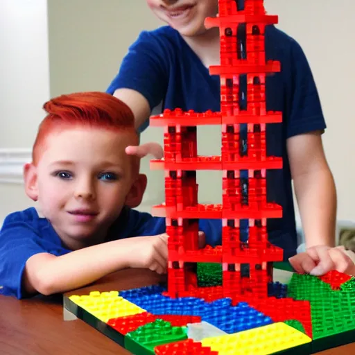 Prompt: a little boy lego minifigure with red hair builds a tower out of lego