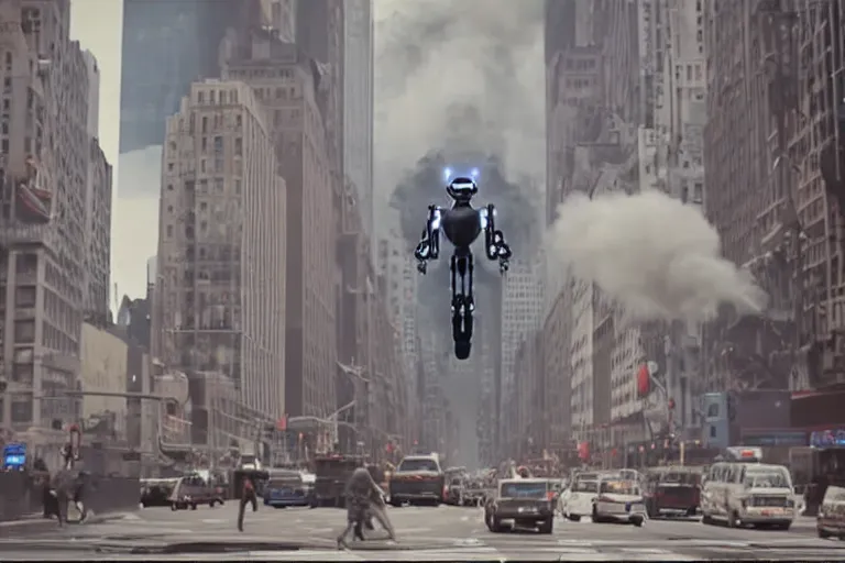 Image similar to VFX movie of a flying dark futuristic robot hero with 6 arms levitating on New York street, steam vent, by Emmanuel Lubezki