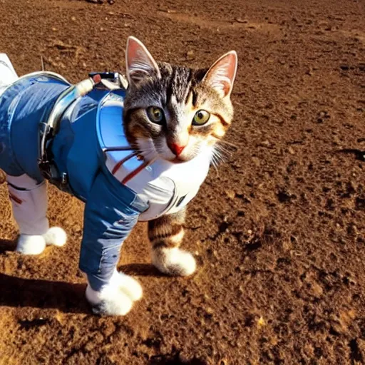 Image similar to cat wearing a spacesuit while walking on martian soil