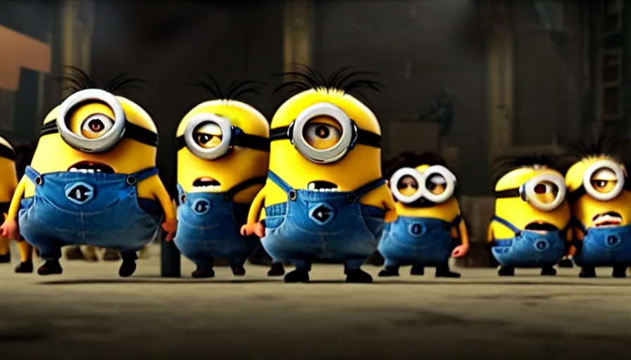 Image similar to fight!! club!!!!, fight!! club!!!! ((((the minions)))), movie still, directed by David fincher