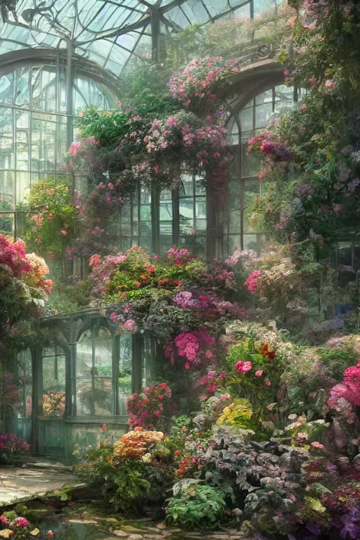 Prompt: a beautifull intricate greenhouse with many flowers, intricate detailed color smashing fluid oilpaint, 3 d render, hyper realistic detailed, color leaves, ruan jia, wlop. scifi, fantasy, hyper detailed, octane render, concept art, by peter mohrbacher, by wlop, by ruan jia