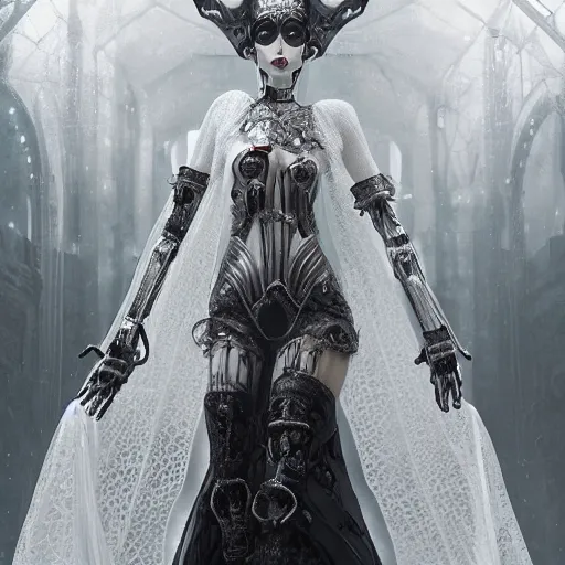 Image similar to female gothic robots with human organ and face, dressed in white intricate lace, veils and jewels, epic environment, matte painting, diffused lighting, highly detailed, cinematic, epic atmosphere, digital art, trending on artstation, wide angle