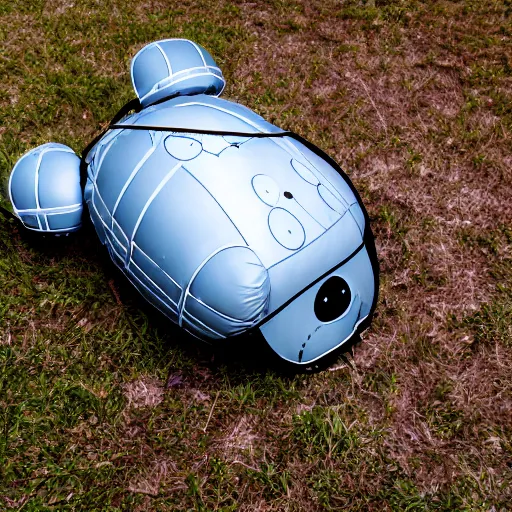 Prompt: deflated robot, non-functional, laying down, flattened, needs air, no fuel