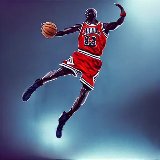 Image similar to “hyperrealistic mixed media high resolution image of michael jordan wearing a superman suit dunking a basketball, stunning 3d render inspired art by István Sándorfi and Greg Rutkowski and Unreal Engine, perfect symmetry, dim volumetric lighting, 8k octane beautifully detailed render, post-processing, extremely hyper-detailed, intricate, epic composition, highly detailed attributes, highly detailed atmosphere, cinematic lighting, masterpiece, trending on artstation, very very detailed, masterpiece, stunning, flawless structure, lifelike texture, perfection,”