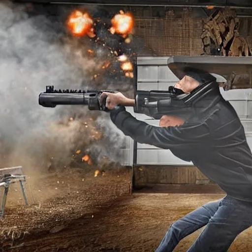 Image similar to a man shooting a machine gun in a shooting range, guns blazing, muzzle flashes showing, smoke, bullets shredding the target to pieces, exploding barrels