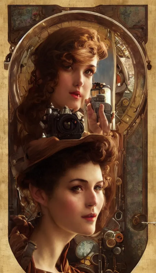 Image similar to hyper realistic photographer looking through camera, magical, steampunk, painted by norman rockwell, tom bagshaw, mucha, gaston bussiere, craig mullins, j. c. leyendecker 8 k