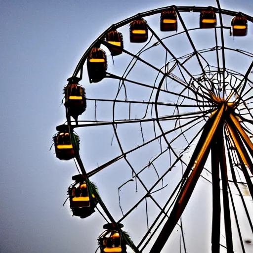 Prompt: an old abandoned rusty ferris wheel, in a town filled with pale yellow mist. Dystopian. Award-winning colored photo. Sigma 40mm f/1.4 DG HSM