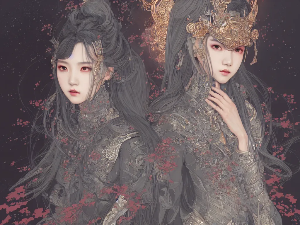 Image similar to portrait jisoo blackpink, grey hair armored samurai clothes, in fire japanese temple wet night, ssci - fi and fantasy, intricate and very very beautiful and elegant, digital painting, artstation, concept art, smooth and sharp focus, illustration, art by tian zi and wlop and alphonse mucha