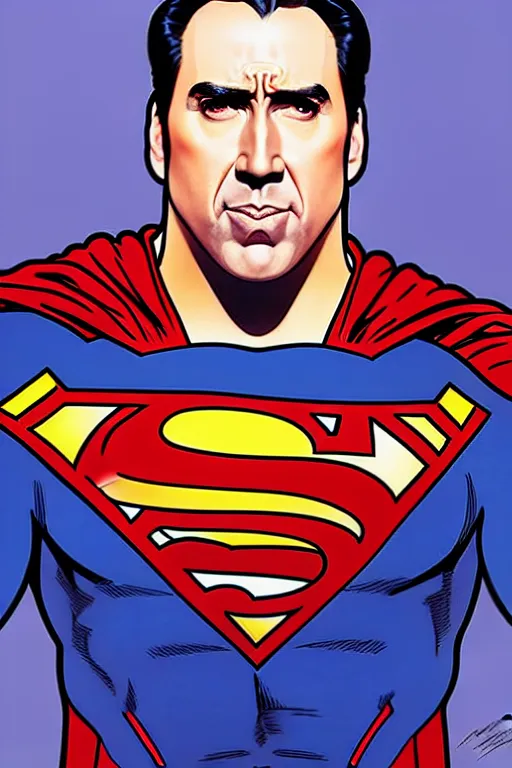 Image similar to nicholas cage as superman, in the style of art by artgerm and greg rutkowski and alphonse mucha