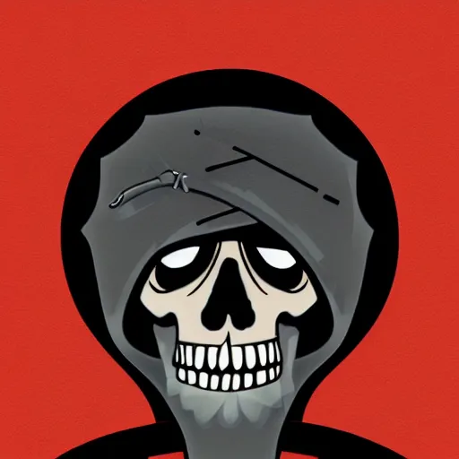 Image similar to a sticker illustration of a man with a skull head in a grey cloak holding his black spear up to the sky, Digital art