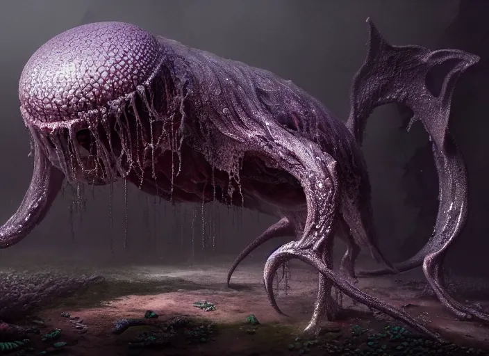 Prompt: a mysterious translucent shimmering slime creature, eerie shimmering surroundings, concept art, intricate, detailed, award - winning, cinematic, octane render, 8 k, photorealistic, by emil melmoth, by wayne barlowe