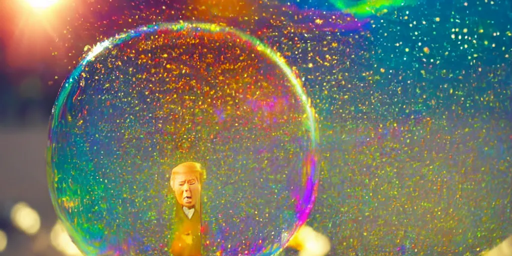 Image similar to an donald trump's head stuck inside of a giant iridescent floating soap bubble, bokeh, golden hour, back yard, golden hour