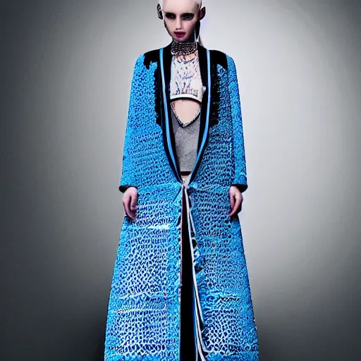 Image similar to fashion 2 0 5 0 fantastic openwork long coat with intricate pattern on a beautiful symmetrical girl with blue hair, hyper realistic photos