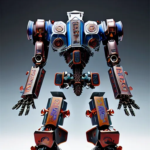 Image similar to occultist mecha inscribed with runes, demonic mechanical exoskeleton wearing hardsurface armour by simon stalenhag, frank gehry, jeff koons, bandai box art