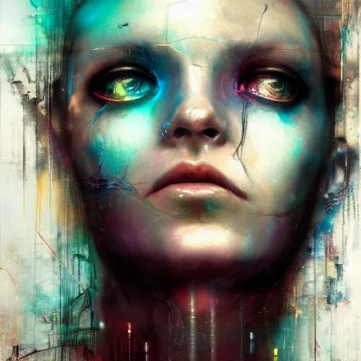 Image similar to female cyberpunk portrait by cy Twombly and BASTIEN LECOUFFE DEHARME, iridescent