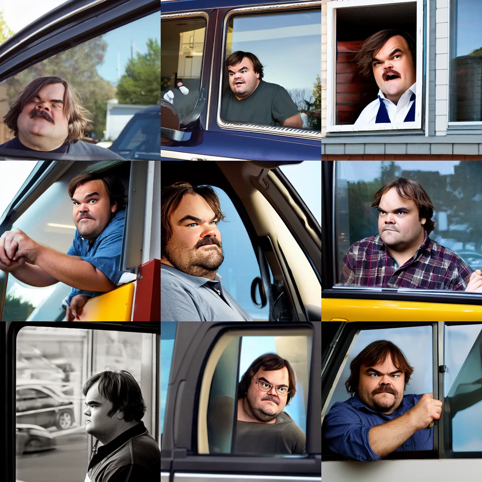 Prompt: a photograph of Jack Black as a Wendy\'s employee looking out of the drive-thru window