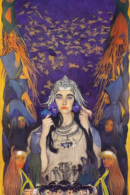 Prompt: queen of the crows with stars in her hair by Nicholas Roerich and Annie Swynnerton and Diego Rivera and jean delville and Carl Larsson, dramatic cinematic lighting , silver jewelry, ornate headdress, flowing robes, sacred artifacts, lost civilizations, smooth, sharp focus, extremely detailed