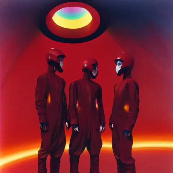 Image similar to two time pilots wearing red rick owens pilot suits inside the glowing geometric rainbow portal to the sixth dimension by frank frazetta