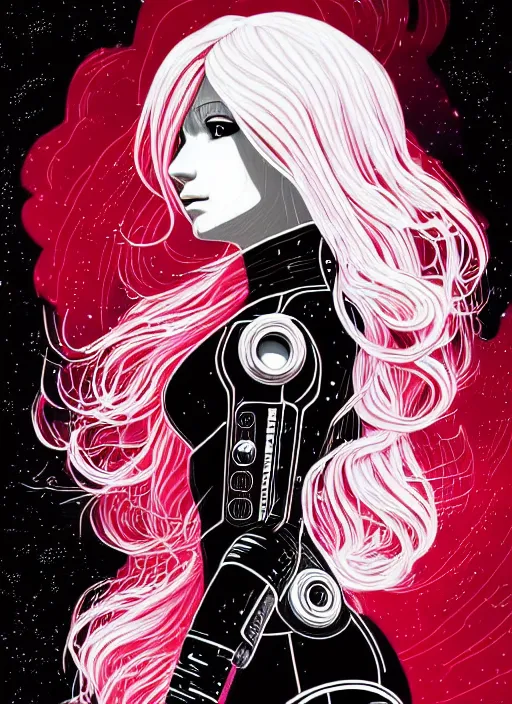 Prompt: highly detailed portrait of a hopeful pretty astronaut lady with a wavy blonde hair, by Dan Mumford, 4k resolution, nier:automata inspired, bravely default inspired, vibrant but dreary but upflifting red, black and white color scheme!!! ((Space nebula background))