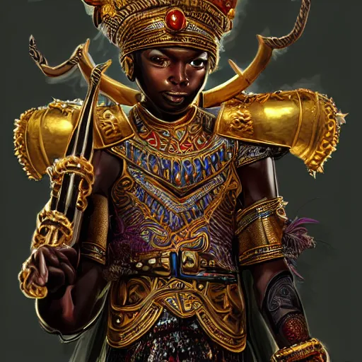 Image similar to a young black boy dressed like an african moorish warrior in gold armor and a crown with a ruby, and a very ornate glowing scimtar, for honor character digital illustration portrait design, by android jones in a psychedelic fantasy style, dramatic lighting, hero pose, wide angle dynamic portrait