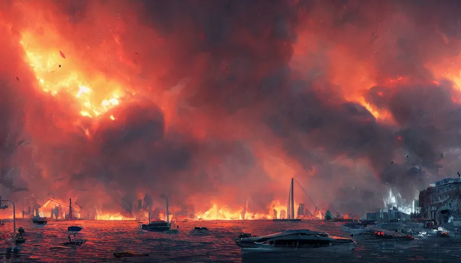 Prompt: tornado destroy marseille, fire, ashes and smoke columns, boats on the sea, hyperdetailed, artstation, cgsociety, 8 k