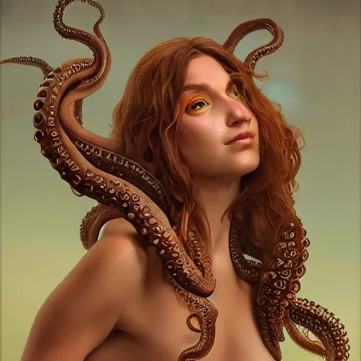 Image similar to portrait painting of octowoman, half man, half octopus, ultra realistic, concept art, intricate details, extremely detailed, photorealistic, octane render, 8 k, unreal engine. art by artgerm and greg rutkowski and alphonse mucha