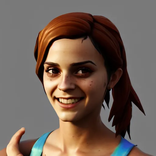 Prompt: textured film grain small eyes subsurface scattering fashion model face smiling laughing squinting emma watson as a fortnite character cgsociety octane render unreal engine redshift render trending on artstation trending on artstation render blender behance cg superhero