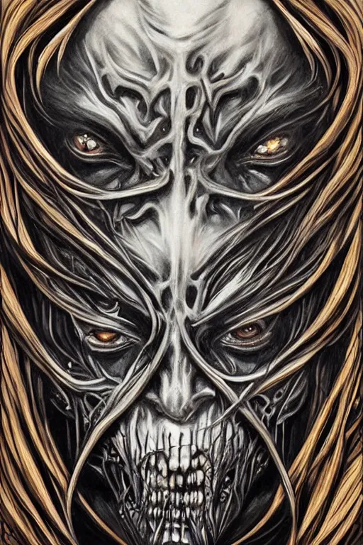 Image similar to Elden Ring and Doom themed painting of majestic chromatic biomechanical anatomical undead warrior hybrid beautiful ethereal angel symmetrical neutral black metal corpsepaint mask closeup face tattoo pattern golden ratio concept, Neo-Gothic concept, infinity glyph waves, intricate artwork masterpiece, very coherent artwork, cinematic, full frontal facial features by Artgerm, art by H.R. Giger, Joseph Michael Linsner, Zdizslaw Beksinski, Johnatan Wayshak, Moebius, Ayami Kojima, very anatomically coherent artwork, trending on cgsociety, ultra high quality model, production quality cinema model, high detail chromatic ink outline, octane render, unreal engine 8k, hyper realism, high detail, octane render, unreal engine, 8k, High contrast