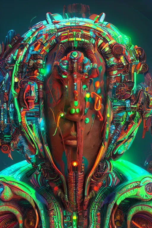 Image similar to a shamanic god made from colorful intricate alien technology in futuristic dreamscape detailed artwork, extremely detailed and high quality, global illumination, octane render, digital art trending on artstation