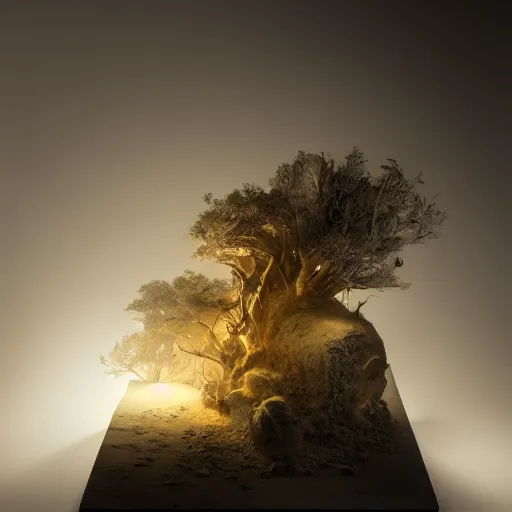 Image similar to rhizomuse, diorama, stunning photo, artists impression, cgsociety, abstract sculpture, dramatic intense lighting, glow, deep shadows, 8K