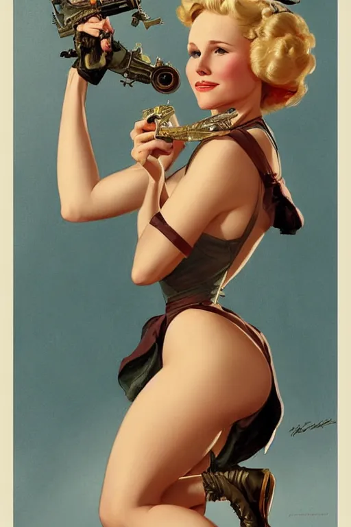 Image similar to pin-up, beautiful Kristen Bell, intricate, elegant, highly detailed, digital painting, artstation, concept art, smooth, sharp, focus, illustration, art by gil elvgren and artgerm and greg rutkowski and alphonse mucha