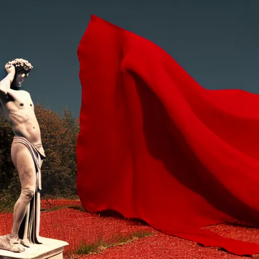 Image similar to a roman statue covered by red cloth that's blowing in the wind, digital art, concept art, cloth simulation with houdini, octane, redshift, 8 k