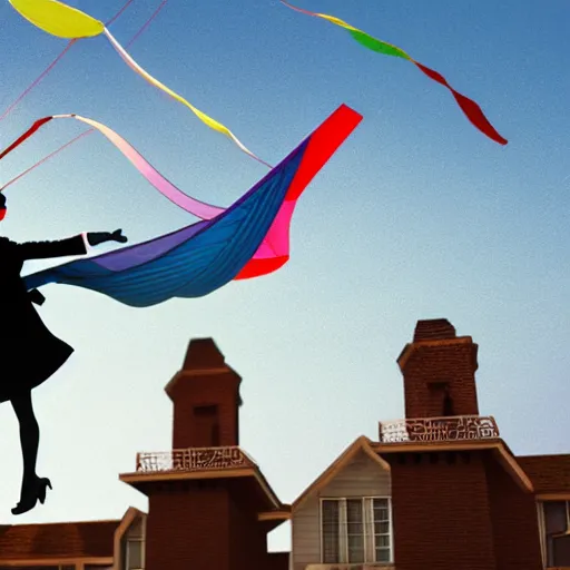 Prompt: mary poppins holding a two - line mattress kite being blown to the sky by the strong wind. 3 d octane render