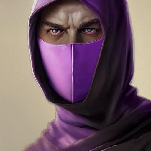 Image similar to ultra realistic illustration, man in a black hood, in a striped purple balaclava, mysterious, highly detailed, digital painting, artstation, concept art, smooth, sharp focus, illustration, art by artgerm and greg rutkowski and alphonse mucha