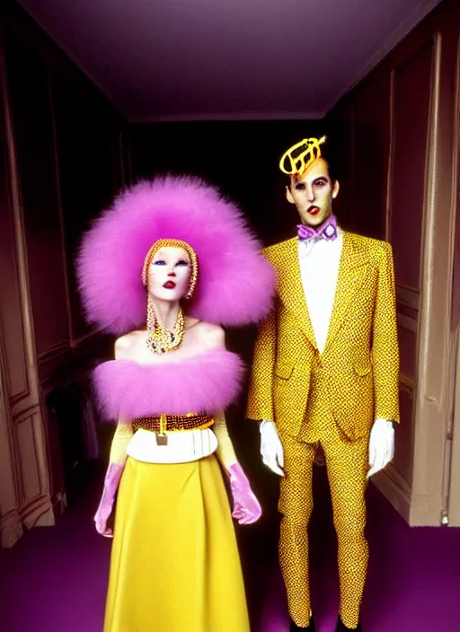 Prompt: full face and glamorous dressed female and male pair in Bespoke couture outfits made of yellows, pinks, purple and gold by Vivian Westwood and Marc Jacobs as seen in the movie the Royal Tenenbaums + vintage Chanel in a futuristic vibe