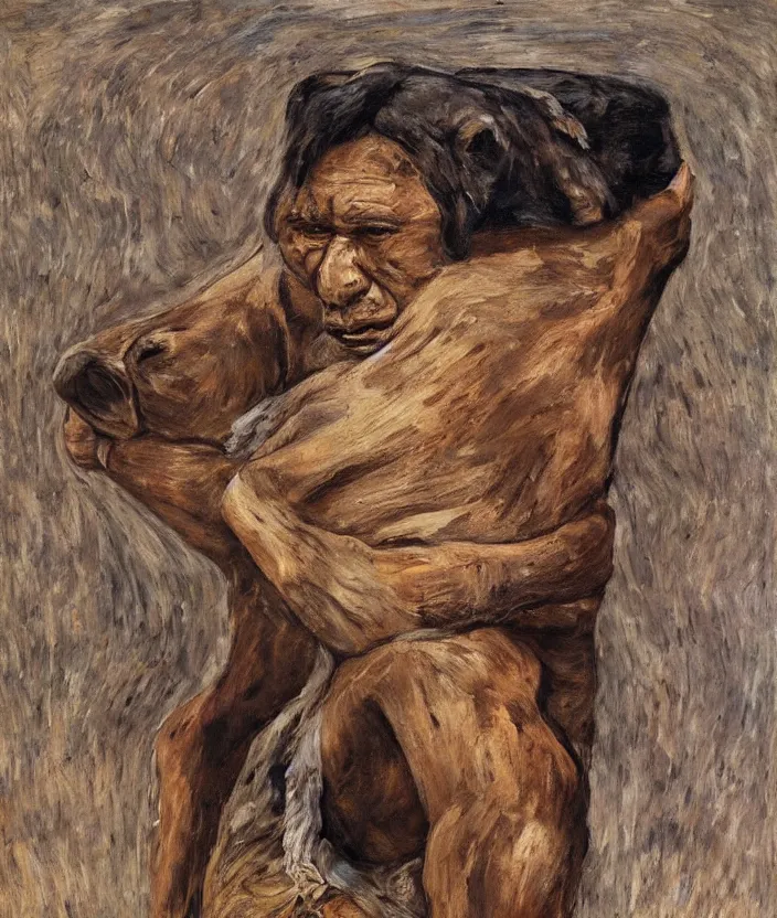 Image similar to indigenous man carrying a bear, painted by lucian freud, hd, super detailed, realistic, muted colors