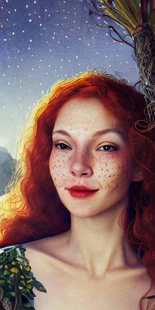 Image similar to lovely woman, serene smile surrounded by golden firefly lights, amidst nature fully covered by a intricate detailed dress, long red hair, precise linework, accurate green eyes, small nose with freckles, smooth oval shape face, empathic, expressive emotions, spiritual scene, hyper realistic ultrafine art by artemisia gentileschi, jessica rossier, boris vallejo