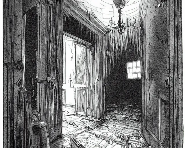 Prompt: in this ominous scene, we see a long twisting corridor leading to a door with light spilling beneath it, a mysterious ghostly figure passes through old wallpaper, art by bernie wrightson, foreboding, creepy, dusty, abandoned