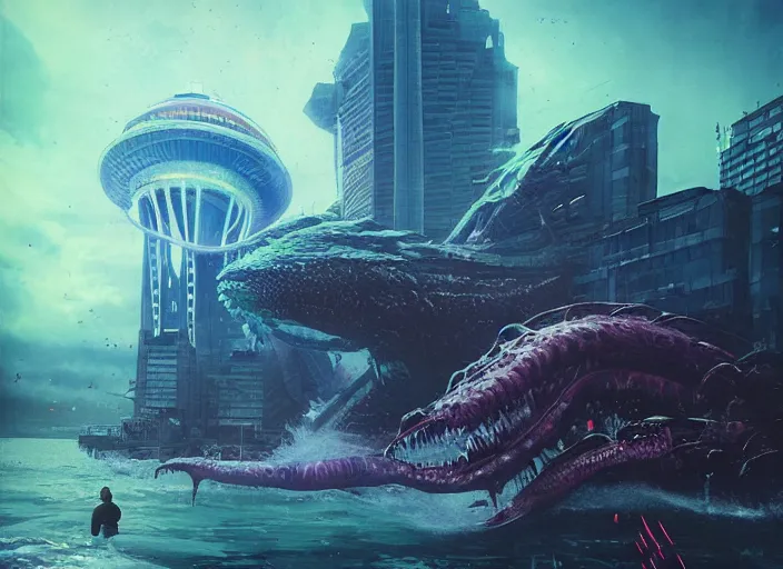 Prompt: seattle being attacked by a sea monster, by beeple and maciej kuciara and greg rutkowski