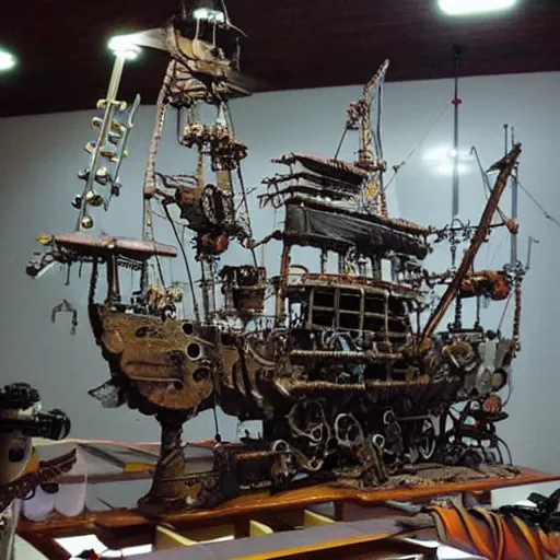 Image similar to future cybernetic steampunk pirate ship with robotic arms