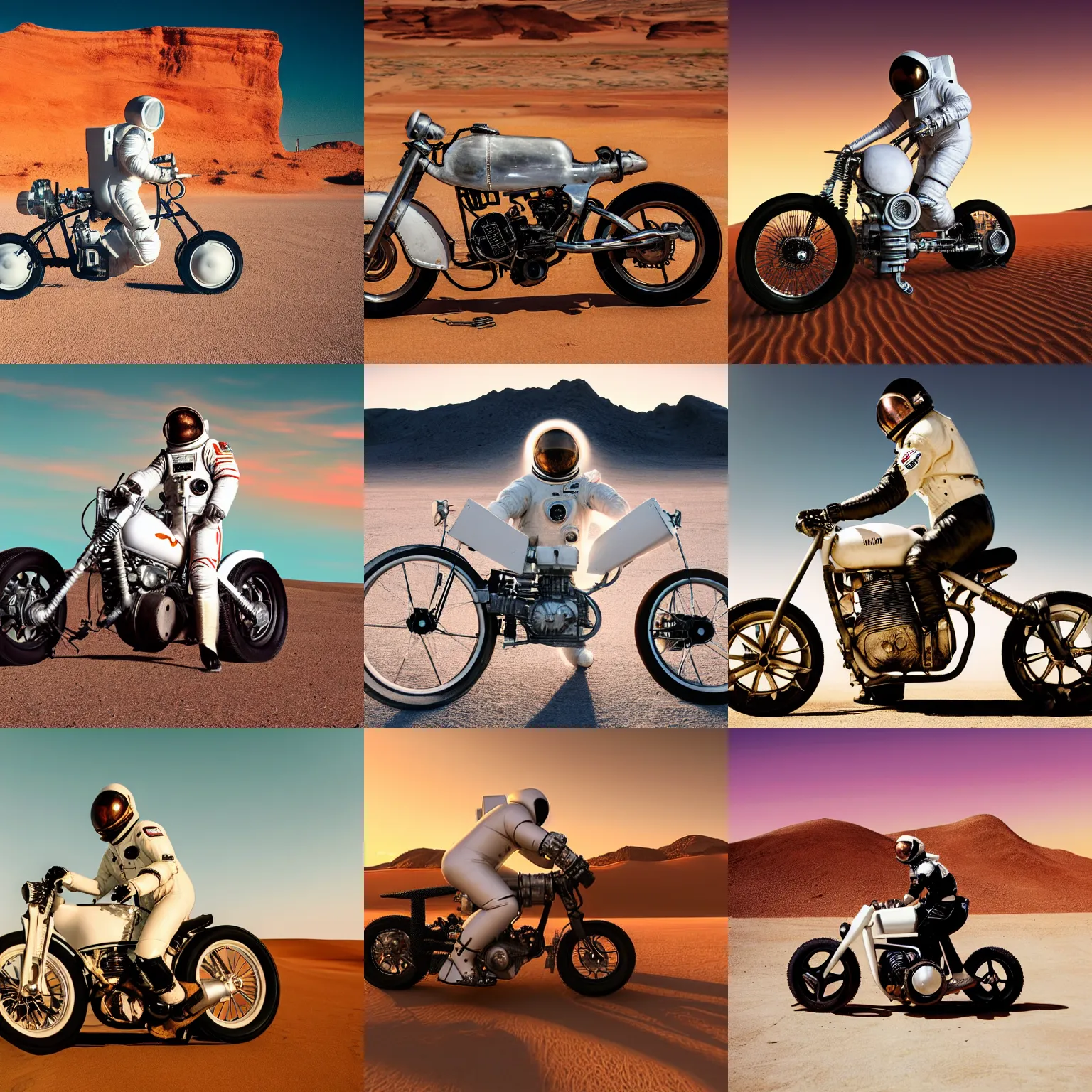 Prompt: a focused shot still of aluminum forged side mounted dual jet engine powered handcrafted classic white wall tire heavy motorcycle in wild west, ridden by a astronaut wearing full white space suit and helmet speeding through the desert during front lit bright sunset, 4k from Wes Anderson film