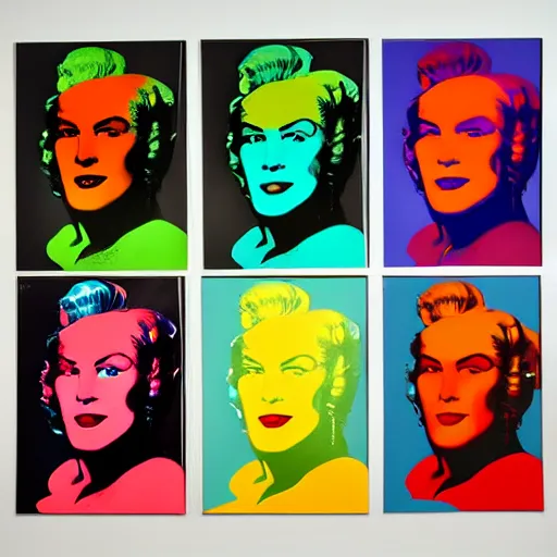Image similar to old - style cyborg, 6 panels by andy warhol, with highly contrasted colors and an illuminating background